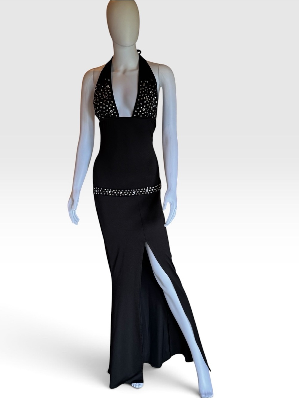 Black Halter Evening Gown with Studded Details
